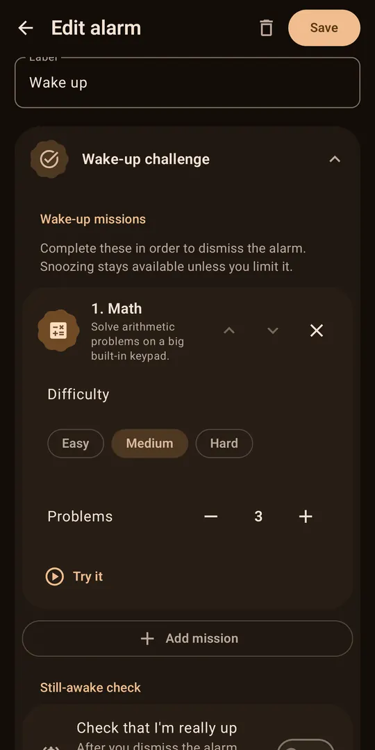 Wake-up missions in the alarm editor, with difficulty and the number of problems