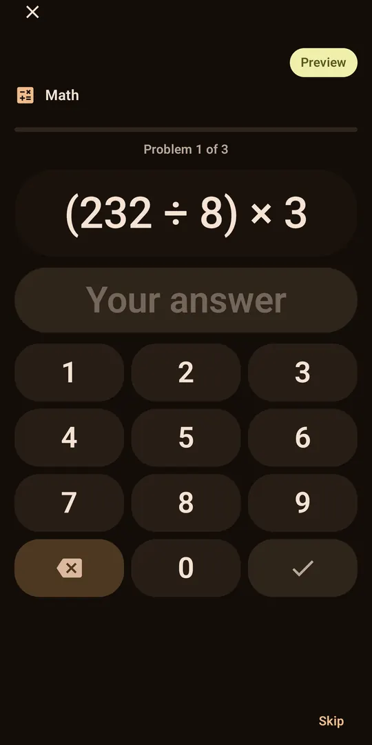 The math wake-up mission with a problem and a large number keypad