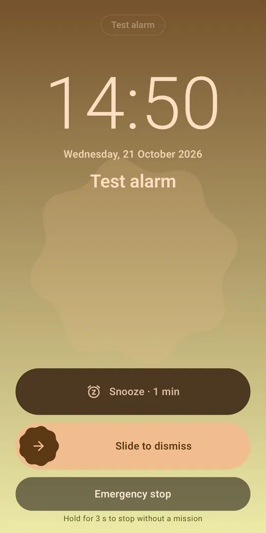 Lock-screen alarm with snooze, slide to dismiss and an emergency stop