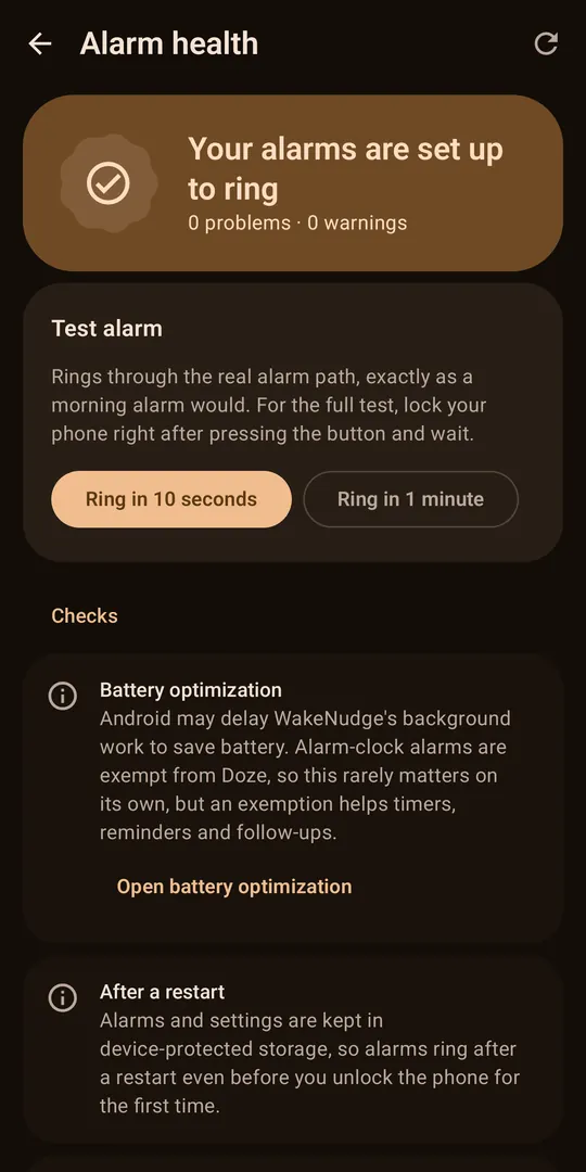 Alarm Health checkup with a test alarm button