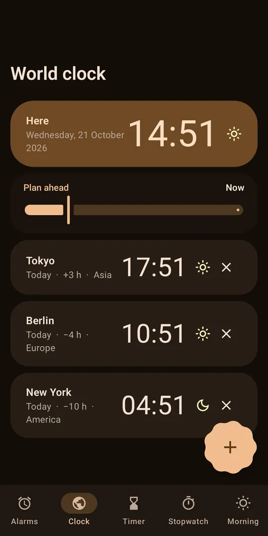 World clock with several time zones and a plan-ahead slider